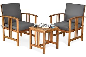 RELAX4LIFE 3 Pieces Outdoor Bistro Set, Acacia Wood Garden Conversation Furniture Set with Slatted Tabletop & Cushions, Patio Conservatory Table and Chairs for Backyard Poolside Porch (Grey+Teak)