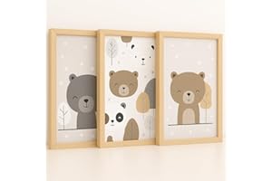 LENI LOTTE KB05 Children's Pictures with Wooden Frame Ready to Hang Pictures Children's Room Decoration Boy Baby Room Decoration Toddler Room Poster Set of 3 Wall Pictures A4 30 x 21 cm
