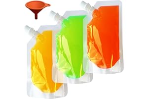 Yelinosk Paquete de 20 bolsas transparentes para bebidas de 420 ml con tapas y embudo para festivales, a prueba de fugas, bolsas de jugo de alcohol, bolsas de bebidas, petaca de plástico para fiestas,