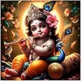 Sky Flying Baby Krishna Flute And Peacock Wall Poster (K18_NW_28) Living Room, Pooja Room, KIds Room (Size - 46CM X 46CM)