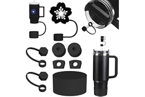 ROMANVIC Stanley Cup Zubehör,Stanley Cup Accessories,enthält 4 auslaufsichere Silikonstopfen,4 Strohhalm Abdeckung, 1 Bottom Protector Silicone Boot für Stanley Cup 1,2 l- und 850 ml-Becher (Schwarz)
