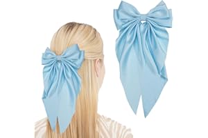ZHONGSHUANG Blue Hair Clip - Solid Color Bow Hair Clip with Long Ribbon, Soft Satin Silky Hair Bows - Cute Gifts for Women & Girls