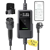 Schuko Electric Car Charger 3.7kW 23 ft with App, 6-16A Adjustable | Plug &amp; Play, IP66, RCD Type A 30mA AC + 6mA DC Built-in,