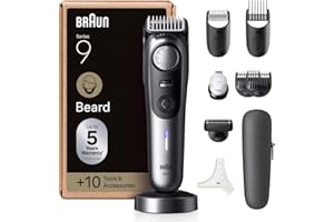 Braun Regolabarba Uomo Series 9, Rasoio Elettrico Barba Braun, +10 Strumenti Da Barbiere, Lama ProBlade Affilata A Vita, 180 Min, Selettore Di Precisione Con 52 Lunghezze, Impermeabile, BT9545, Cromo