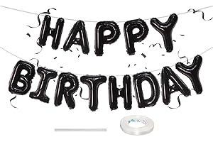LINGQIANG 16 Inch Happy Birthday Banner Balloon, Black Self Inflating Happy Birthday Bunting Foil Balloons with Ribbon, Reusable Happy Birthday Letter Balloons for Men Women Birthday Party Decorations Supplies