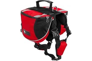 KIEPOAR Sacoche de Selle Sac à Dos pour Chien Moyens & Grands, Harnasi Veste Gilet Imperméable Réglable Grande pour Voyage Randonnée Entraînement Réfléchissant avec Poignée (Rouge, M (Chien 18kg - 28kg))