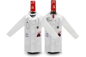 APOMOONS 2PCS Weißen Kittel Weinverpackungsabdeckung Filz Weinflaschen Verpackung Schutz Weinflaschenhülle mit Spritze Thermometer Halskette Krawatte Lustig Geschenk für Arzt Krankenschwester Medizinstudenten
