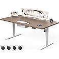 KAIMENG Sedentary Reminder Electric Standing Desk 180x80cm, Large Height Adjustable Sit Stand Desk with USB Charging Ports, Memory Ergonomic Computer Desk with Splice Board (White Frame/BrownTop)