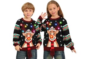 Kouric Pull Moche de Noel Fille Garçon Lumineux,Pull Noël Famille Drole LED,Unisexe Pulls Noel Enfant Ado Cerf,Christmas Sweatshirts Hiver Chaud Col Rond,Clignotant Manche Longue Outwear Âge 4-13