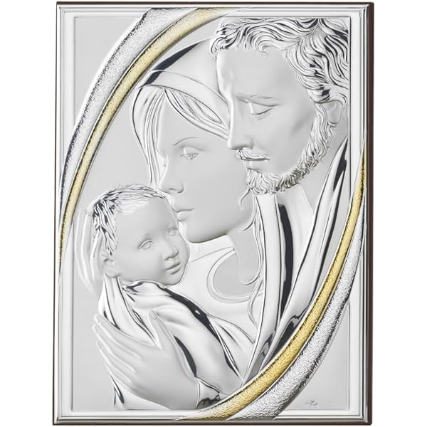 Quadro Sacra Famiglia Moderna In Argento – Icona Religiosa 21x15 Cm In Cornice Dorata 45x39x3 Cm – Made In Italy Con Sacchetto Regalo