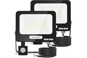 Aigostar 50W Faretto LED da Esterno con Sensore di Movimento，2 pezzi，4600 LM，Bianco Naturale 4000K，IP65 Impermeabile Faretti Led per Interno，Giardino， Cortile，Patio，Garage