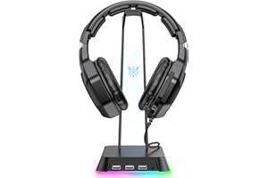 PHNIXGAM RGB Headphone Stand with 3.5mm AUX and 3 Port USB 2.0 Hub, Universal Gaming Headset Hanger Holder for Computer Gaming Gamer Accessories (Black)