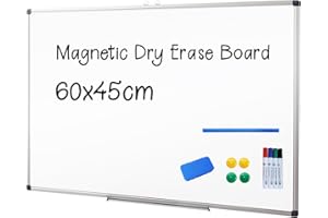 XIWODE Magnetic Dry Erase Board, Wall Mounted Whiteboard, 60 x 45cm, Lightweight White Board, Erase Board Silver Aluminium Framed with Lacquered Steel Surface