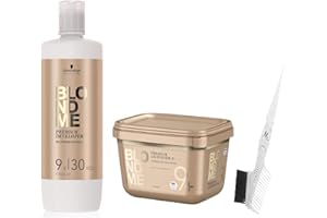 Schwarzkopf BlondMe Bond Enforcing Premium Lightener 9+ Dust Free 450g, Schwarzkopf BlondMe Premium Developer 9% / 30 Volume 1L, M Hair Designs Tint Brush/Comb (Bundle - 3 items)