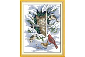 Stitchmelody 11CT Kit Punto a Croce Timbrato Fai-da-te Ricamo Linea Completa di Kit Iniziali Per Ricamo Prestampato Per Principianti-Gatto e uccelli 39cm×47cm