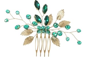 Henyall Wedding Hair Accessory,Golden Leaves Green Emerald Crystal Hair Comb,Wedding Rhinestone Hair Side Comb,Sparkly Crystal Hair Clips for Bride,Bridesmaid and Girls (Green)