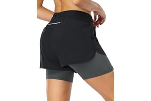 MOVE BEYOND Pantalones Cortos de Running 2 en 1 para Mujer con Bolsillo con Cremallera Cordón Fitness Maratón Yoga Shorts