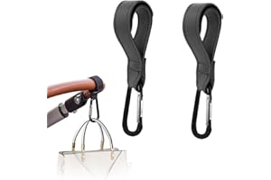 WIDENLISE 2 Pcs Stroller Hooks, Buggy Clips PU Leather Pram Hook Clips for Bags Handbag, Non-Slip Heavy Duty Universal Stroller Clips for Baby Travel Essentials, Carry 10kg per pram Clip (Leather, Black)