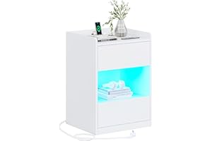 ‎AOGLLATI AOGLLATI Nachttisch mit LED-Beleuchtung und Ladestation, Nachtschrank mit 2 Schubladen und 1 Fach Beistelltisch mit Steckdosen Sofatisch für Schlafzimmer, Wohnzimmer 40x35x60cm (1, Weiß)