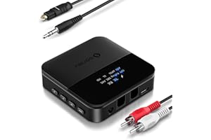 SONRU Bluetooth Transmitter Empfänger für TV HiFi, Bluetooth Audio Adapter, AptX HD Low Latency BluetoothSender für 2 Kopfhörer Lautsprecher Stereoanlage, TOSLINK/RCA/AUX/Optisch Schwarz