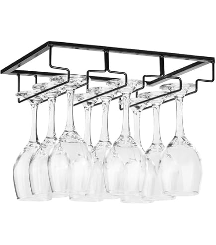 Portabicchieri Da Vino Sottopensile In Metallo Nero - 4 File, Organizer Per Calici Con Panni Inclusi - 6