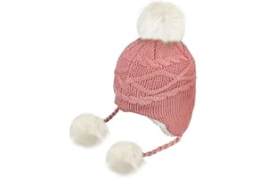 JIAHGUK Kids Toddlers Warm Beanie Hat with Ear Flap Girls Boys Winter Knitted Fleece Hats Cute Thick Windproof Bobble Pom Pom Crochet Cap Skiing Snowboard Outdoors Head Wear Protection Gift for Children 2-10