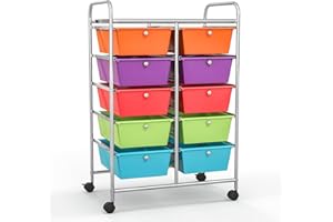 KOMFOTTEU Carro con 10 Cajones Apilable de Almacenaje, Carrito Auxiliar con Ruedas de Bloqueo, Carrito Organizador con Estructura Metálica, para Oficina, Baño, Salón (10 Cajones, Multicolor)