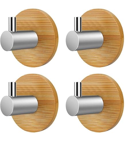 Bambù Gancio Autoadesivo per Asciugamani - 4 Pezzi per Casa, Bagno, Cucina - Appendiabiti da Parete per Accappatoio, Cappotto, Chiavi, Palla da Bagno