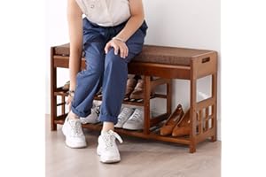 GGFHH Shoe Bench Rack 2 Tier Shoe Organizer with Padded Cushion Seat Multi Function Bamboo Storage Benches ​for Entryway Hallway Living Room Bathroom, Brown, L/90CM