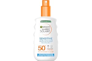Garnier Ambre Solaire SPF 50+ Sensitive Advanced Sun Cream Spray, High Protection, Factor 50, Water Resistant, Non-Greasy, Fragrance-Free, Hypoallergenic, UVA UVB Protection with Ceramide, 150ml