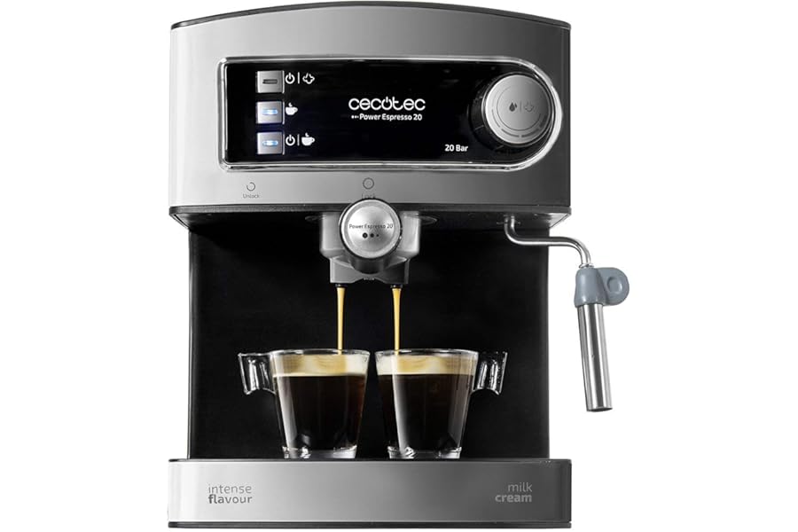 Cecotec Macchina da Caffè Espresso Power Espresso 20. 850 W, Pressione 20 Bar, Serbatoio 1,6 L, Uscita A Doppio Braccio, Vaporizzatore, Superficie A Tazza Calda, Finiture in Acciaio Inox