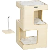 PawHut Cat Cave 3 Levels Cat House with Cushion 34 x 34 x 60 cm Oak | Cat bed, cat tent, pet house.