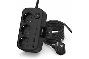 Huslog grenuttag med 3 Schuko-uttag och 4 USB-uttag (2 x USB-A, 2 x USB-C) – grenuttag med mobilhållare, väggmontering och på/av-brytare, 1,4 m kabel, 3 680 W