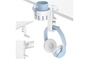 KDD Porta Cuffie da Scrivania Ruotabile, 2 in 1 Porta Bicchieri Universali, Supporto Cuffie sotto la Scrivania, Accessori Scrivania adatto per Tazze di Caffè, Cuffie Gaming, Bianco