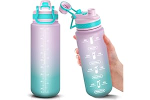 HoneyHolly Gourde Sport, 1L Bouteille d'eau avec Paille, avec Marqueur de Temps de Motivation, 2 Choix de Boissons, Bouteille d'eau de Sport avec Couvercle sans BPA pour Camping Voyage Gym Cyclisme