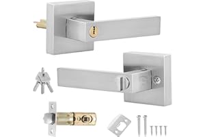 Mynoozi Manija de Perta con Cerradura y llave, Juego de Manijas de Puerta de Palanca de Cerradura, Juego de Cerradura de Puerta Exterior, 1 Par (Plata)