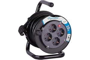 Electraline 49031 Bęben kablowy H05VV-F 3G1,5, 15 m, IP20, do użytku wewnątrz i na rolce kablowej z 4 gniazdami wtykowymi/pudełkiem kablowym z kablem przedłużającym/rolką z korbą, kolor czarny