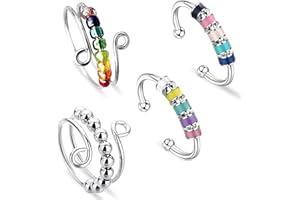 LEFSDVF Set of 4 Anxiety Fidget Rings for Women, Stress Relief Beads Swivel Ring to Relieve Anxiety Stainless Steel Rings Anxiety Rings with Multi-Colored Roller Balls Swivel Open Ring Meditation Anxiety Ring