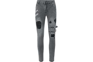 Beokeuioe Pantalones vaqueros con agujeros para moto, personalizados, pantalones góticos, ajustados, varios bolsillos, pantalones punk, negros y azules, para hombre