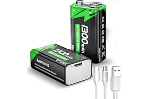 WAEUUKKPO 9V Wiederaufladbare Akku, 1300mAh Lithium-ionen Block Batterien mit USB-C-Schnellladekabel ideal für Rauchmelder, Feuermelder, Alarme, Mikrofon, Multimeter usw (2 Stück)