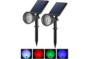 BLOOMWIN Focos LED Exterior Solares RGB Colores Cambiado - 2 Pack Luz Solar Exterior Jardín Impermeable IP65, Lamparas Proyector Suelo con Estaca Iluminación Decoración Jardín Césped Terraza Navidad