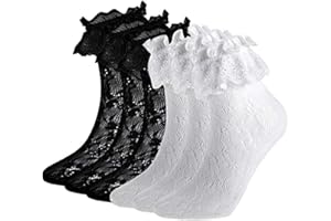 ANDIBEIQI 6 par damskich skarpetek do kostki koronkowe falbanki skarpetki na kostkę filiżanka koronkowe skarpety (3 czarne + 3 białe), Czarny * 3+ biały * 3, rozmiar uniwersalny