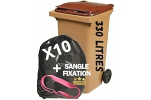 SANYGIENE Lot de 10 Sacs Poubelle Doublures de Container + 1 Sangle de Fixation | Anti Salissures - Anti Odeur | Résistant - Anti Fuites | Evite Lavages Jet d'Eau - Fabriqué en Europe (330 LITRES)