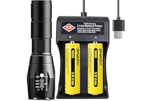 YIYUANIJI Bright Flashlight,Two Rechargeable 18650 Batteries with 2-Slot USB Universal Battery Charger,Torch Battery Charger Set Ideal As a Gift,Adjustable,Zoomable, 5 Modes, Water Resistant Light