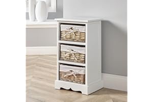 Home Source Bedroom Wooden Storage Unit, Woven Willow Wicker Baskets, 3 Drawer Cabinet Chest, White