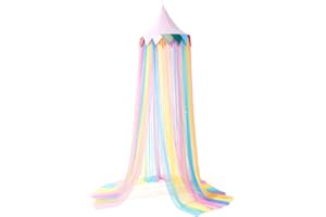 LOAOL Bed Canopy for Kids, Round Dome Fairy Dream Rainbow Canopy with Star Decor, Kids Reading Nook Tent, Hanging Nursery Canopies for Cribs & Toddler Bedrooms