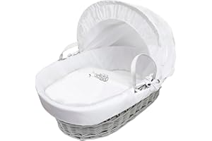 ELEGANT BABY Sleepy Owl Grey Wicker Moses Basket with Full Bedding Set, Adjustable Hood, Fibre Mattress & Padded Liner