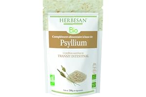HERBESAN®- PSYLLIUM BLOND BIO - Transit naturel, Bien-être digestif- Fabriqué en France- Sachet papier refermable - Téguments 200 g