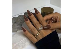 SXVME Brown False Nails Medium, Acrylic Press on Nails Almond, Dark Solid Color Full Cover Fake Nails Medium Stiletto Stick on Nails for Women Fall Winter DIY Nail Art 24 Pcs
