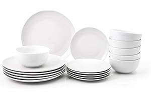 SIMPA 18PC Dinnerware Porcelain White Set: 6 Dinner Plates, 6 Side Plates & 6 Bowls. Dishwasher & Microwave Safe.